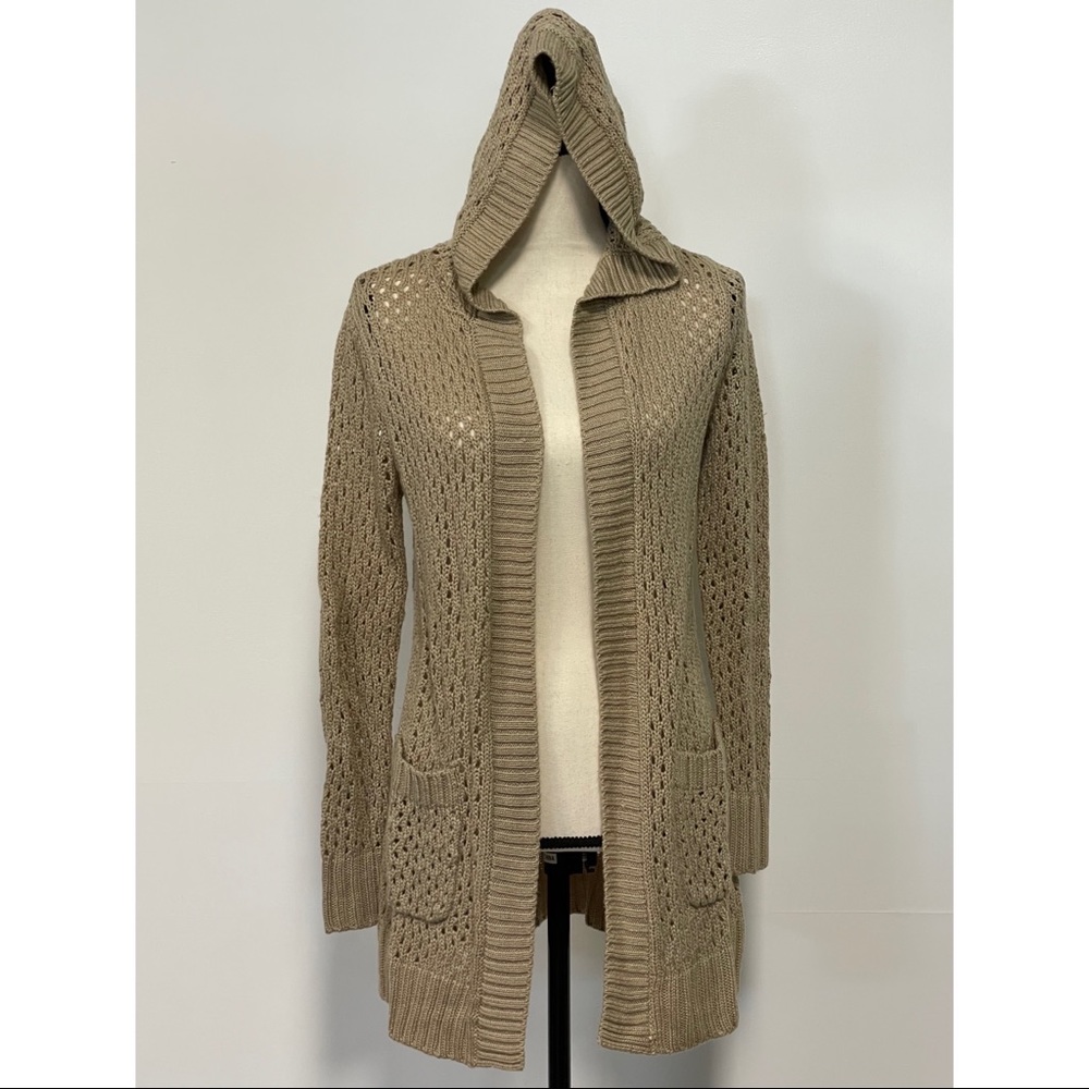 It's Our Time Open Knit Hooded Cardigan Tan Size M